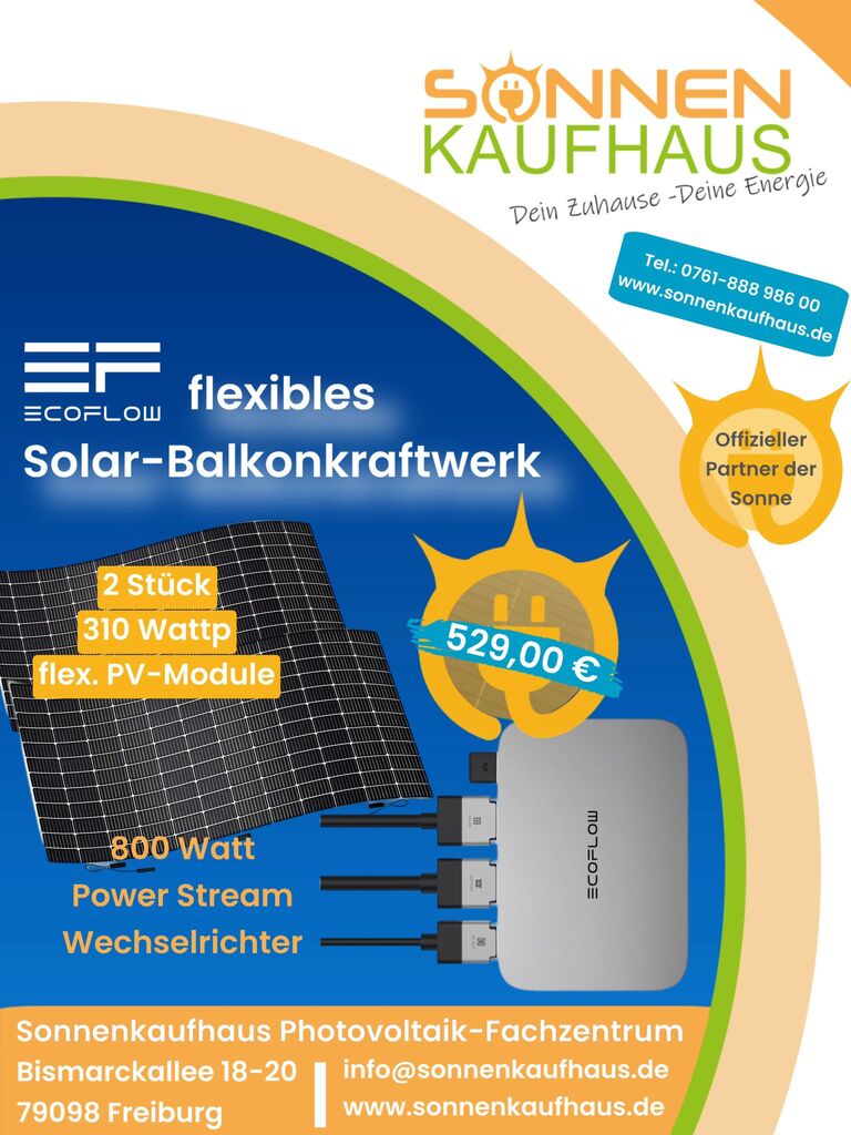Balkonkraftwerke für Freiburg und Lörrach: Eigenen Solarstrom erzeugen und Energiekosten senken

Nutzen Sie die kostenlose Sonnenenergie auf Ihrem Balkon! Mit einem Balkonkraftwerk können Sie Ihren eigenen Solarstrom erzeugen und so einen Beitrag zur Energiewende leisten. Gleichzeitig senken Sie Ihre Energiekosten und werden unabhängiger von steigenden Strompreisen.

Was ist ein Balkonkraftwerk?

Ein Balkonkraftwerk ist eine kleine Photovoltaikanlage, die auf dem Balkon oder der Terrasse installiert wird. Sie besteht aus ein oder zwei Solarmodulen, einem Wechselrichter und einem Stecker, mit dem sie an die Steckdose angeschlossen wird. Die Solarmodule wandeln Sonnenlicht in Strom um, der vom Wechselrichter in haushaltsüblichen Strom umgewandelt wird. Dieser kann dann direkt im Haus verwendet oder in das öffentliche Stromnetz eingespeist werden.

Vorteile von Balkonkraftwerken:

    Geringere Energiekosten: Sie können bis zu 30 % Ihrer Stromkosten sparen.
    Umweltfreundlich: Sie erzeugen sauberen Solarstrom und tragen so zum Klimaschutz bei.
    Unabhängigkeit: Sie werden unabhängiger von steigenden Strompreisen.
    Schnelle Amortisation: Die Investition in ein Balkonkraftwerk hat sich meist schon nach 5 bis 8 Jahren amortisiert.
    Einfache Installation: Die Installation ist einfach und kann in der Regel selbst vorgenommen werden.
    Geringer Platzbedarf: Balkonkraftwerke benötigen nur wenig Platz.

Fördermöglichkeiten in Freiburg und Lörrach:

In Freiburg und Lörrach gibt es verschiedene Förderprogramme für die Anschaffung und Installation von Balkonkraftwerken. Die Stadtwerke Freiburg bezuschussen beispielsweise die Anschaffung von Balkonkraftwerken mit bis zu 300 €. In Lörrach gibt es einen Zuschuss von bis zu 250 € pro Kilowattpeak (kWp) installierter Leistung.